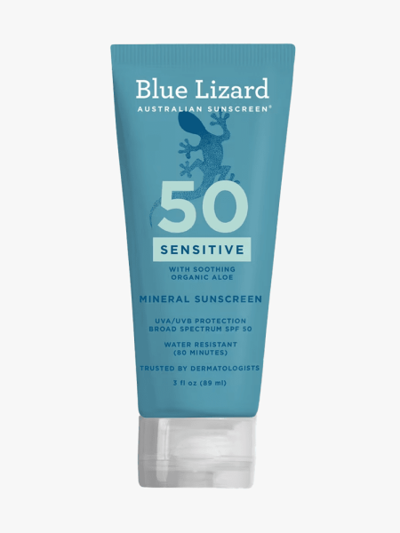 Blue Lizard Sensitive Mineral Sunscreen Lotion SPF 50 in branded tube component on a light gray background
